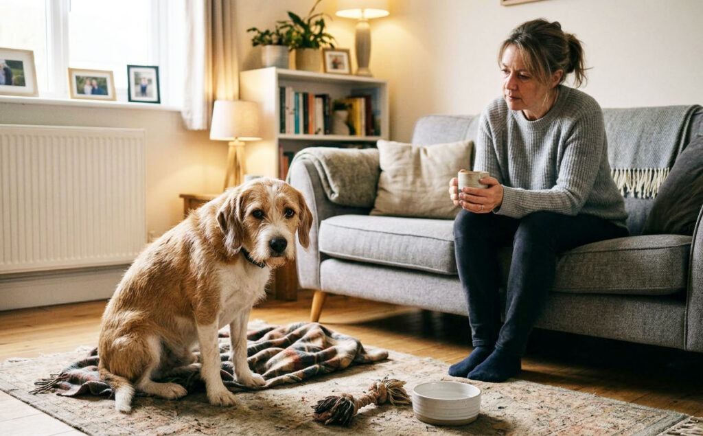 un chien triste et sa responsable qui veut faire une communication animale pour mieux le comprendre
